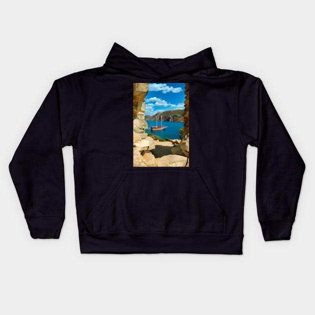 Sailboat anchored in an aegean bay in Turkey Kids Hoodie by stuartchard